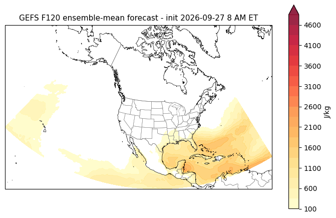 F120 ensemble-mean forecast. S/S = ensemble spread / actual RMSE (1.0 = calibrated; <1 overconfident). GEFS cape F120 forecast