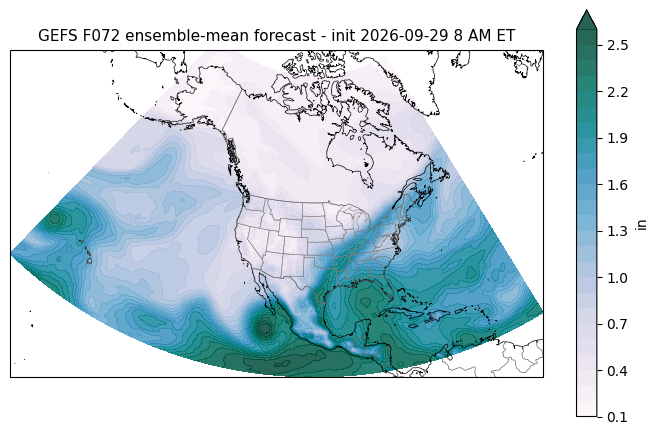 F072 ensemble-mean forecast. S/S = ensemble spread / actual RMSE (1.0 = calibrated; <1 overconfident). GEFS pwat F072 forecast