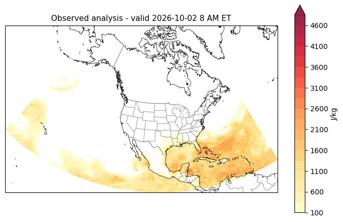 Observed analysis at the shared valid hour cape observed analysis